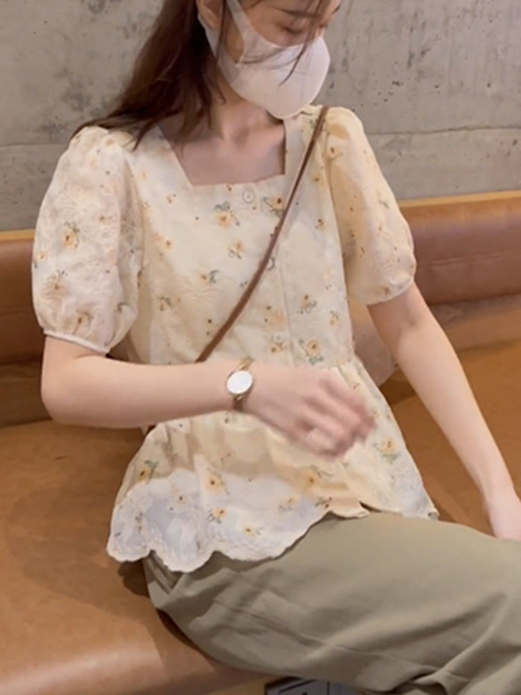 夏季新款方领碎花短袖衬衫女设计感小众洋气百搭泡泡袖别致上衣详情5