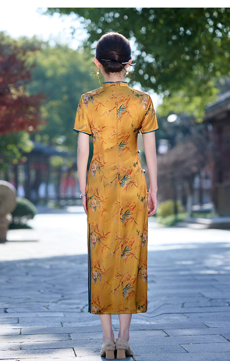 国潮春夏黄色醋酸双层长款优雅复古改良民国风气质修身名媛旗袍裙详情16