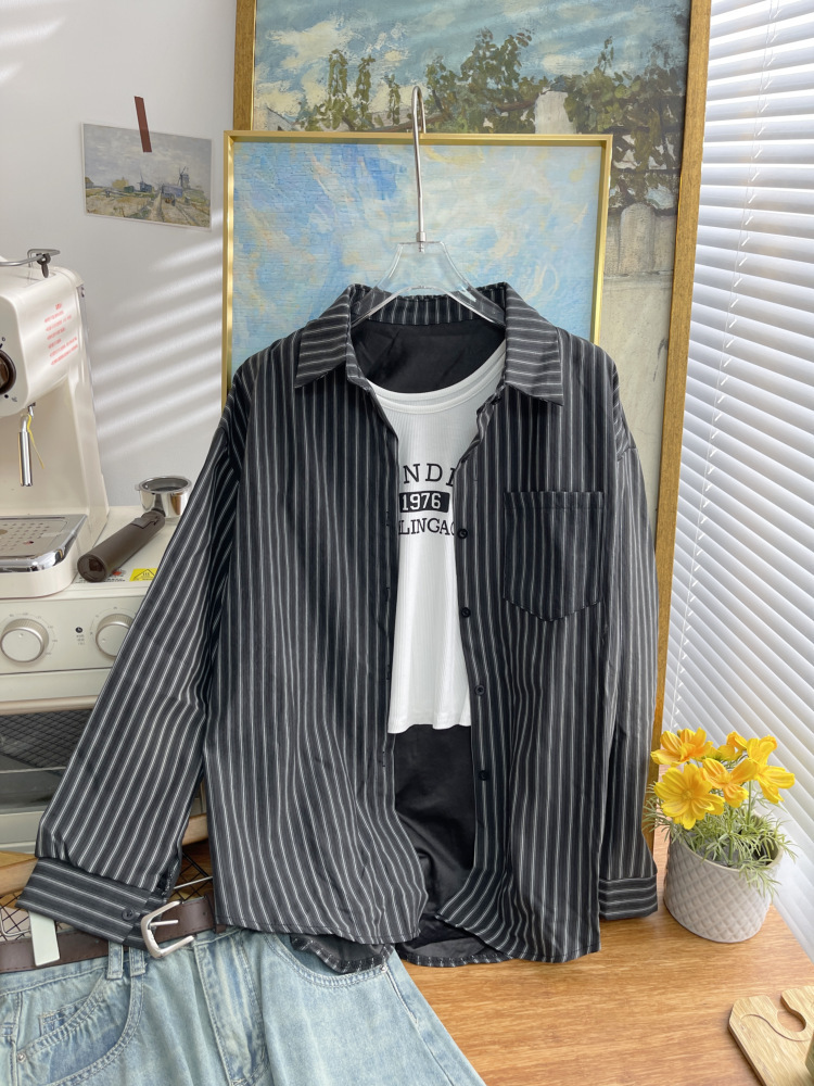Dongdaemun, South Korea, early autumn new Korean-style vertical striped long-sleeved shirt for women, loose and casual, stylish shirt trend 4730 pic 11