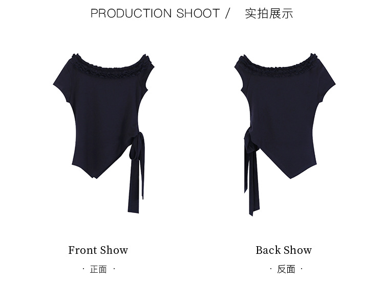 爱西里2025夏季减龄甜美拼木耳花边斜肩下摆不规则短袖T恤女13835详情7