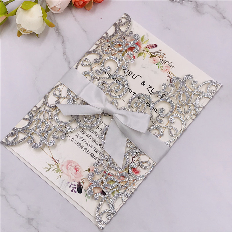 Customized wedding invitations, festival greeting cards and wedding invitations made of multi-color golden scallion powder, super flash material, hollowed-out card paper pic 16