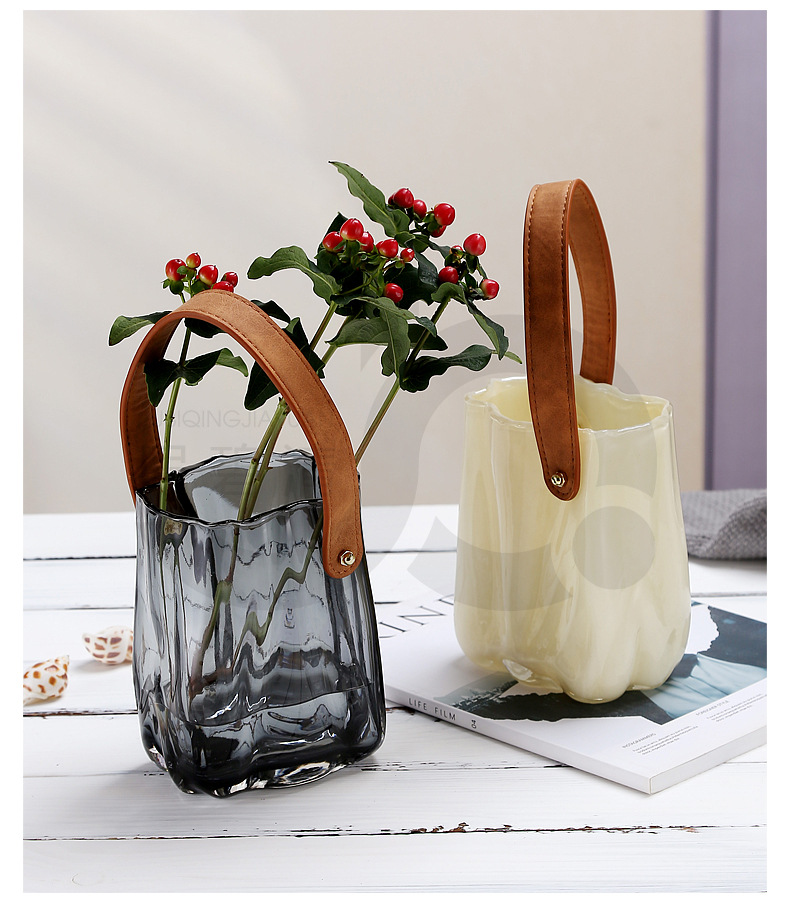 北欧ins风皮带褶皱手提包包玻璃花瓶设计师奶油鲜花花篮详情8