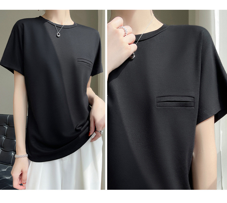 夏季丝光棉纯色短袖女简约设计感口袋圆领T恤宽松时尚百搭上衣详情21