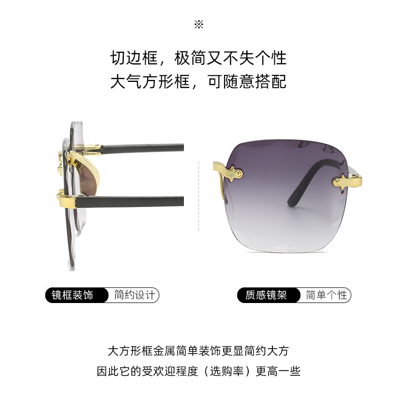 跨境欧美无框方形太阳镜时尚潮流切边无框墨镜女士街拍走秀太阳镜详情3