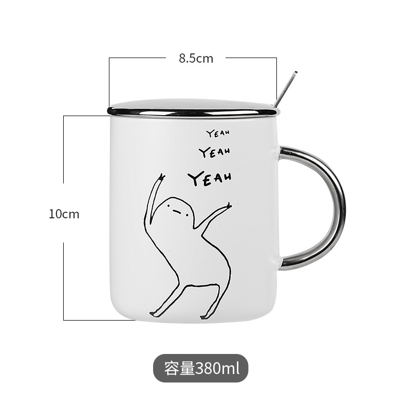 Black and white minimalist style stick figure high appearance level ceramic cup with lid spoon comic character student dormitory breakfast milk cup pic 2