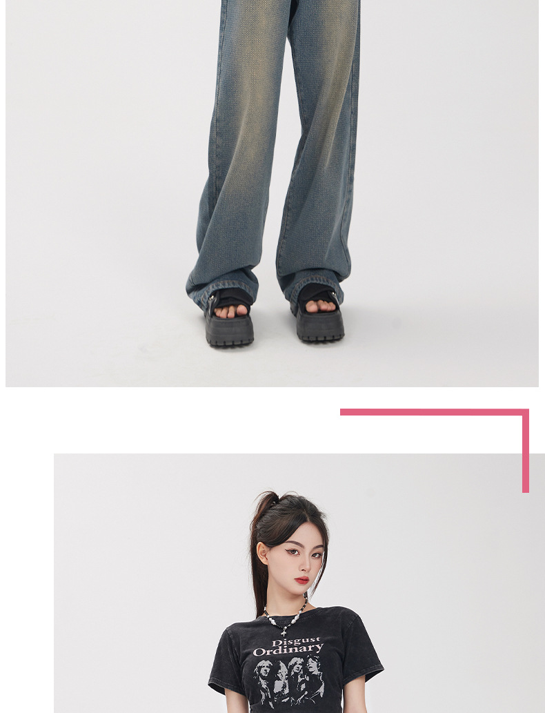 HEY+JEANS星空纹怀旧蓝牛仔裤女2023新款高腰宽松显瘦拼接阔腿裤详情7