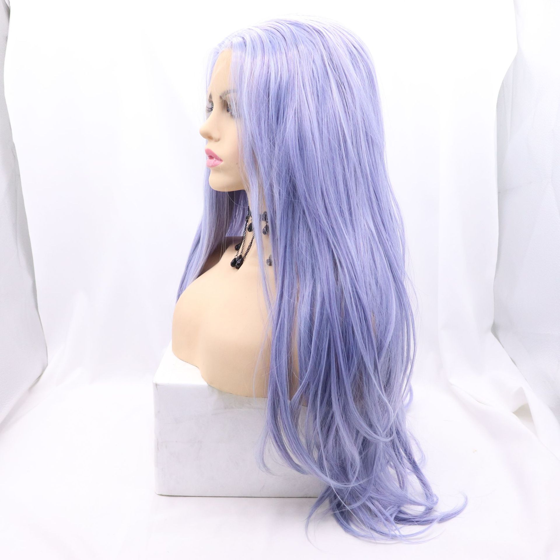 A hot-selling purple daily long curly hair wig with lace and synthetic fiber in front on Amazon AliExpress pic 2