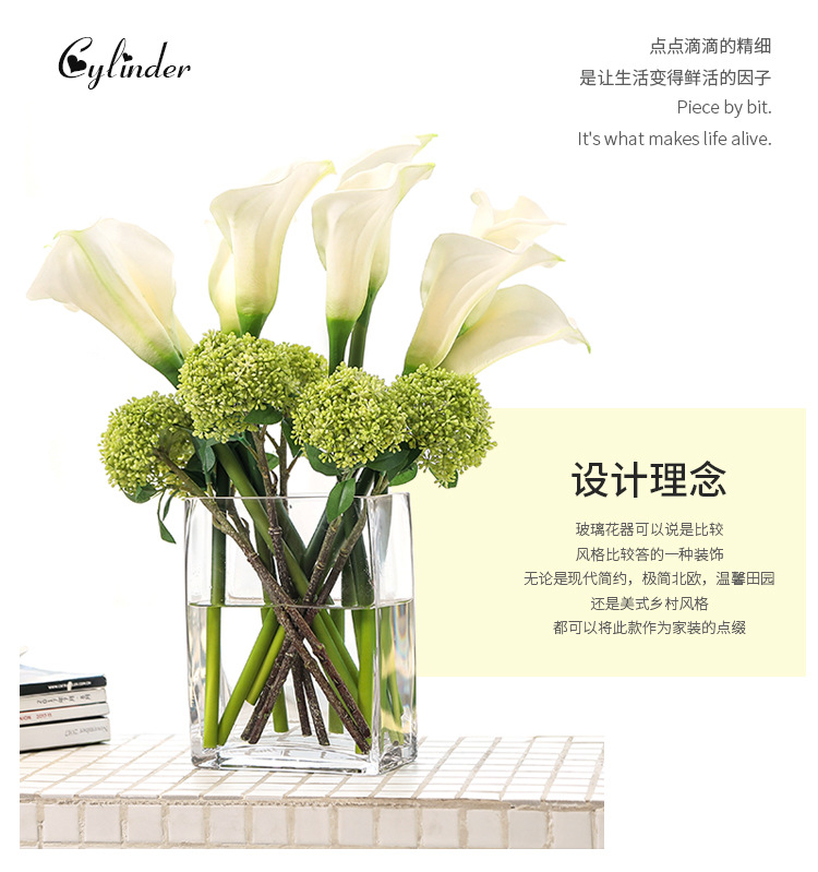 Square VAT glass vase, transparent hydroponic lucky bamboo lily, flat VAT square vase, floral art, living room flower arrangement ornaments pic 3