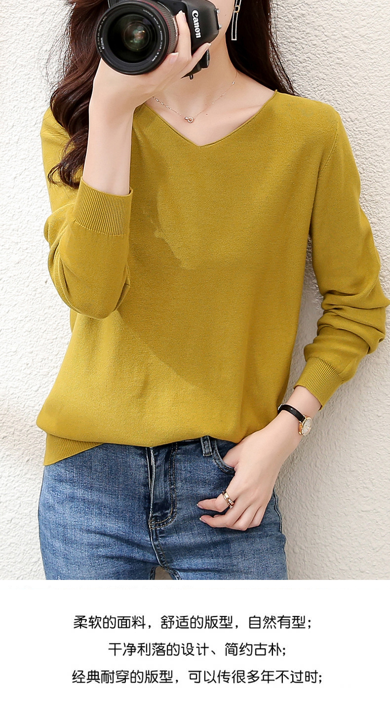 2023秋季女装全纯色棉麻针织T恤女V领长袖文艺大码外贸厂家批代发详情2