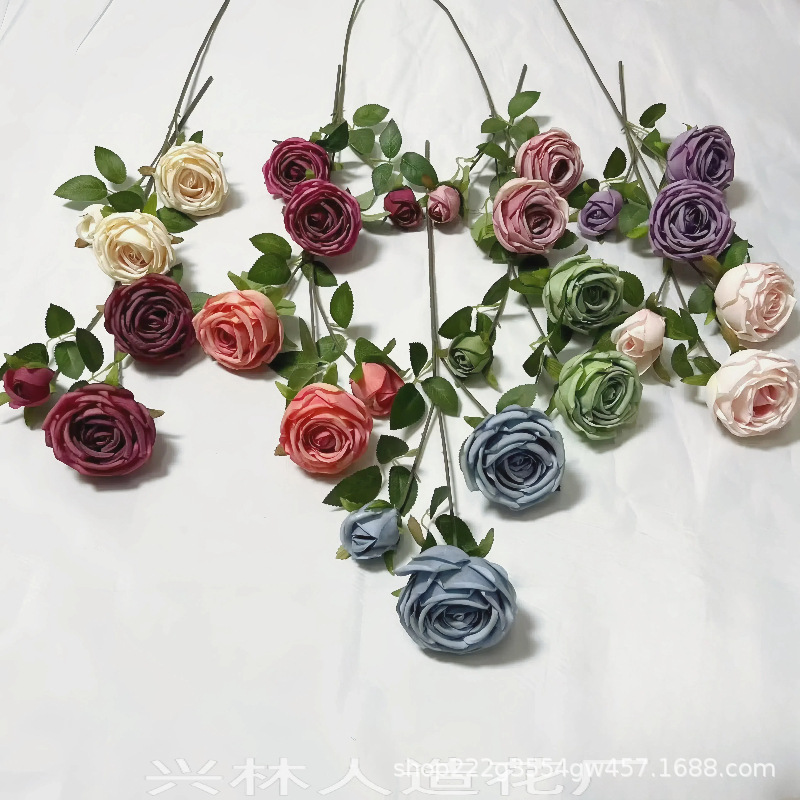 3头钻石玫仿真花婚庆用花玫瑰仿真花装饰摆件假花婚庆地排花玫瑰详情6