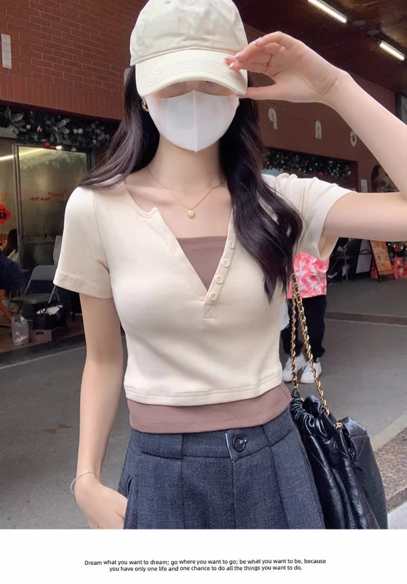 Pink V-neck off-the-shoulder T-shirt for women, short sleeve, new spring and summer style, two-piece design, slim and short, pure and sensual pic 19