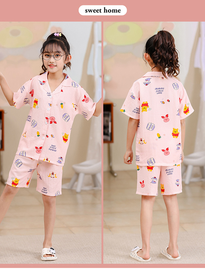 2023女童睡衣儿童夏季短袖短裤泡泡绉布套装女孩开衫大童家居服夏详情28