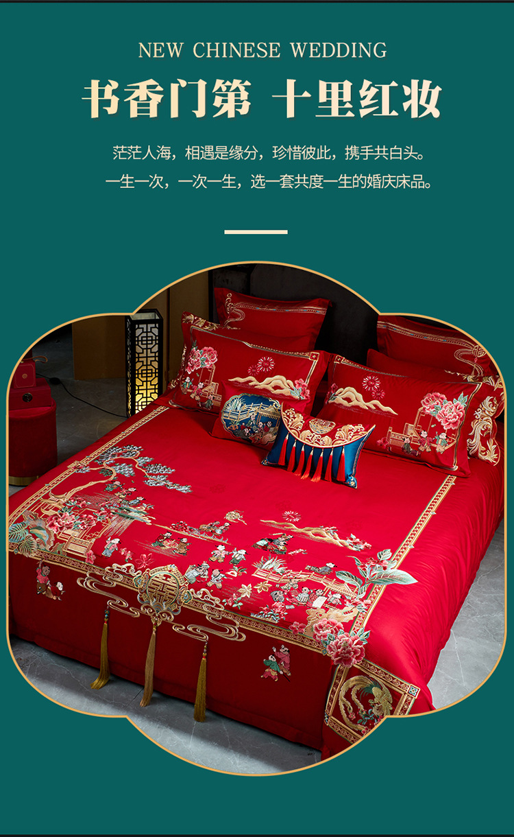 A new set of wedding red jacquard bedding for wechat business, made of all-cotton brocade with applique and embroidered lace trim pic 3