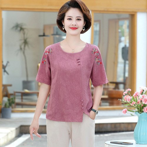 妈妈夏装针织短袖T恤衫中年妇女纯色上衣中老年人洋气翻领打底衫详情24