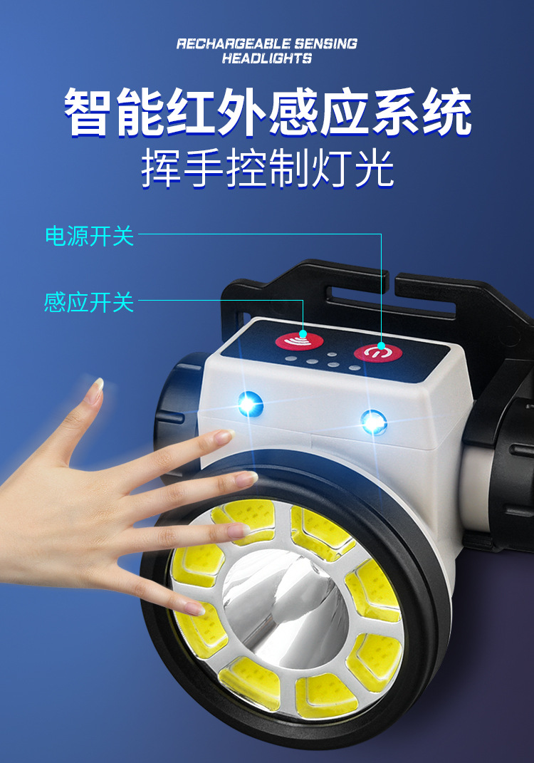 跨境智能感应头灯led户外强光usb充电轻便工作电筒夜钓跑步cob灯详情7