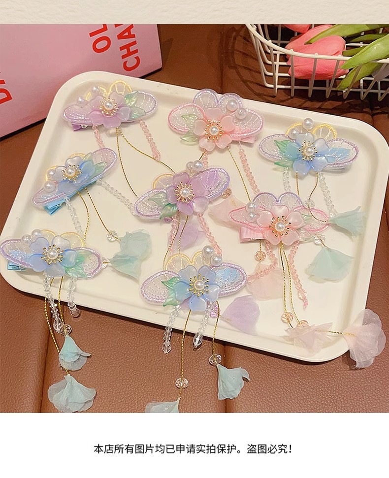 Children's hair clips, national trend series, ancient-style hair accessories, flower tassels, cute butterflies, Hanfu, super fairy pearl and glass pendants, princess headwear pic 22