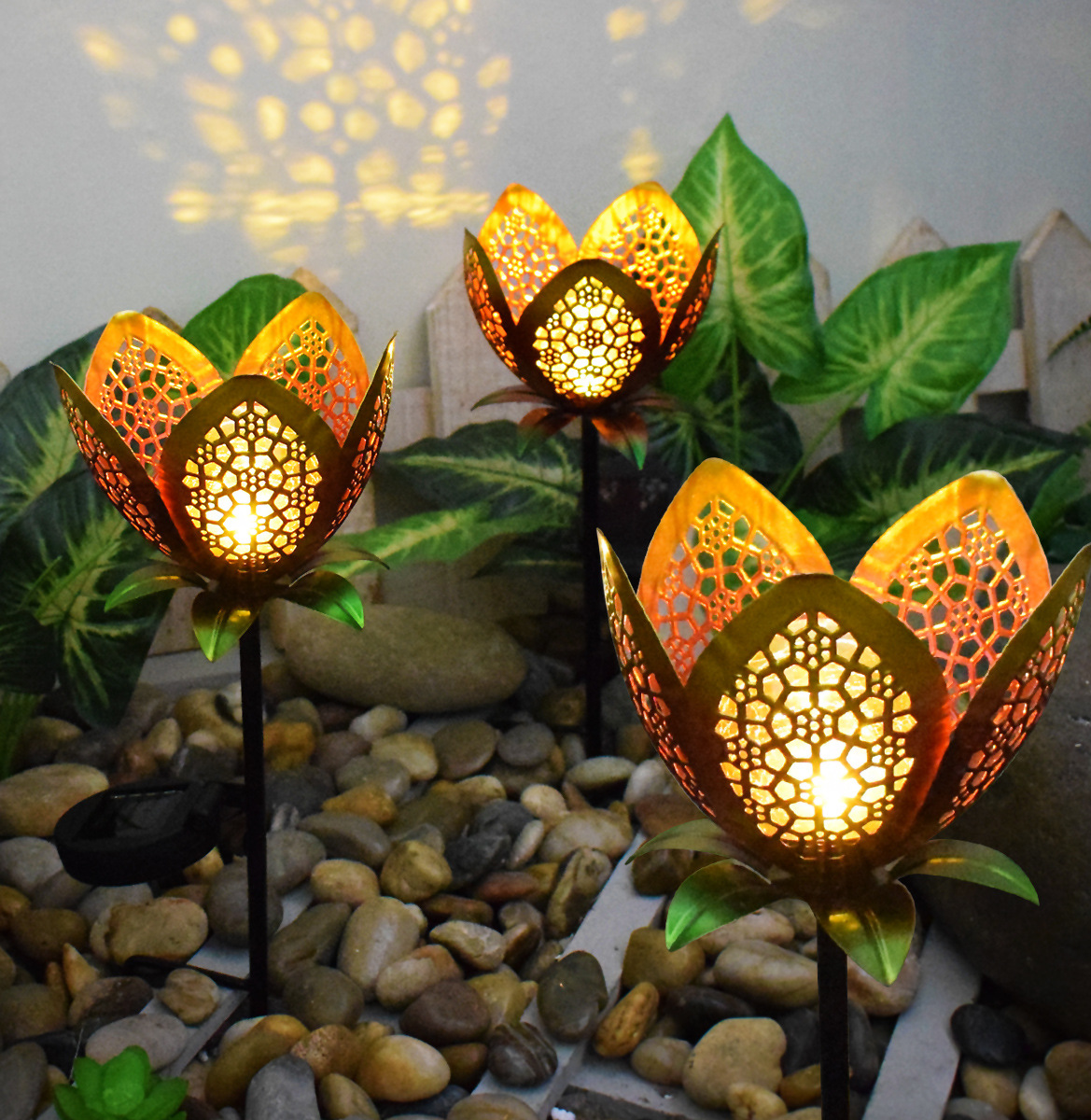 Solar-powered villa garden courtyard lights, ironwork hollowed-out petal outdoor landscape decorative lights, flower ground insert lawn lights pic 1