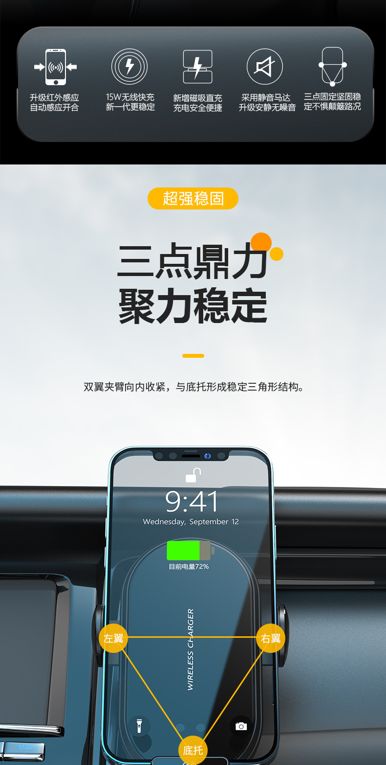 跨境车载支架无线充电15W快充仪表台出风口通用汽车手机支架新款详情2
