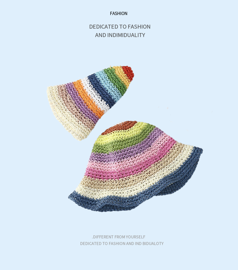 夏季韩国遮阳帽海边防晒帽子女小清新编织渔夫帽彩虹手工草帽详情8