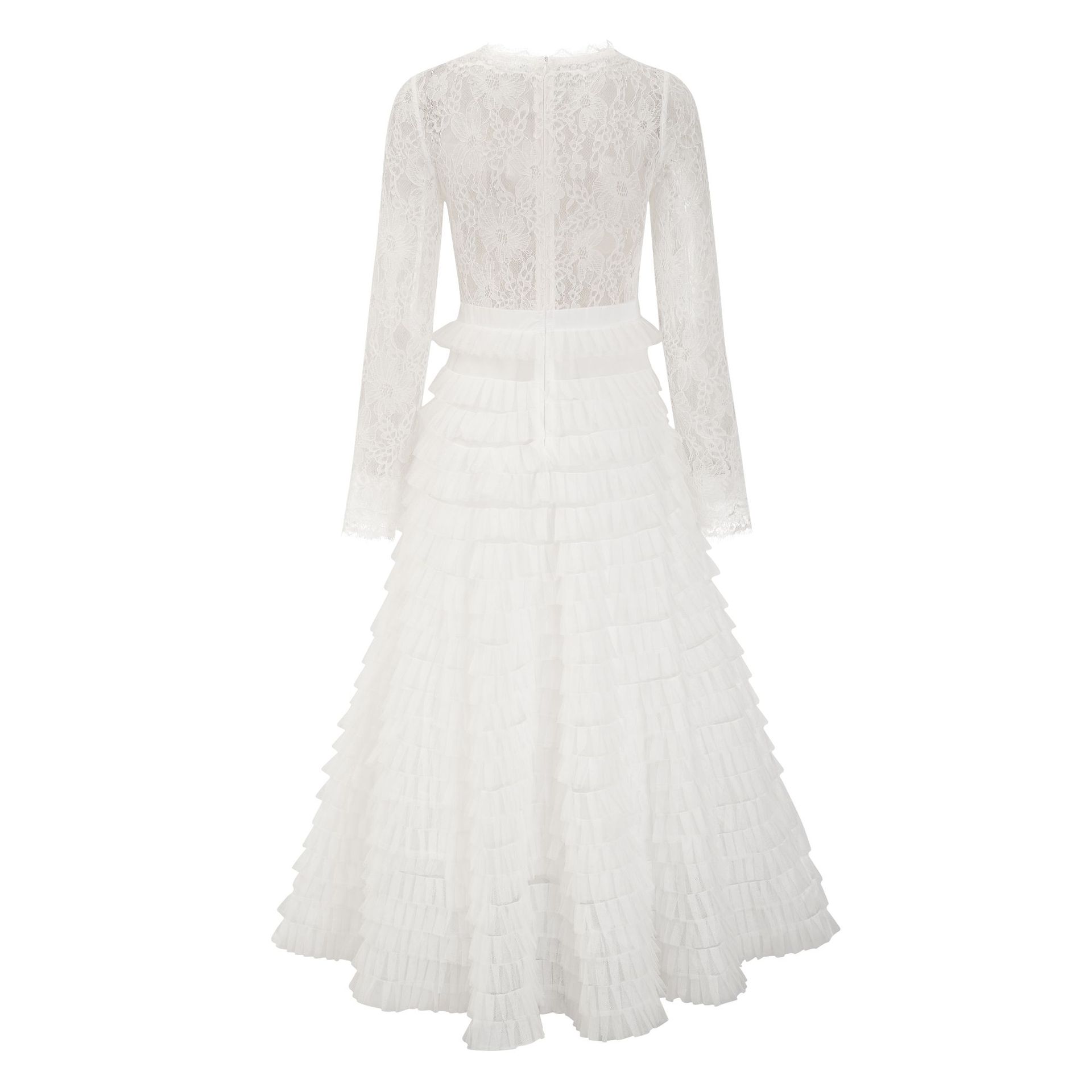 新品现货镂空蕾丝礼服裙 纯色气质优雅宴会连衣裙长袖跨境A字裙详情18