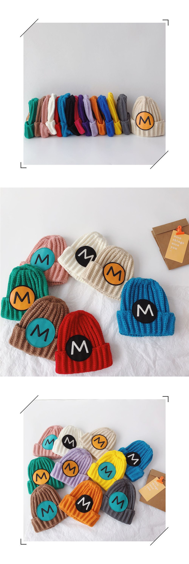 New versatile and in-stock autumn and winter tie-dyed patchwork letter monochrome warm knitted woolen caps for boys, girls, children and toddlers pic 5