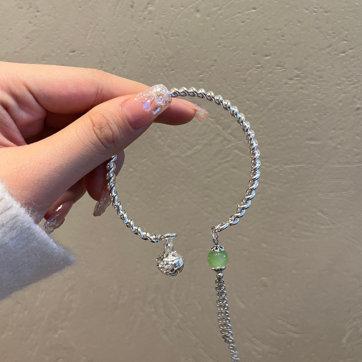 Retro style, clear water green open bracelet, jingle bracelet, female bell, sweet, ins, high-end fringed bracelet pic 14