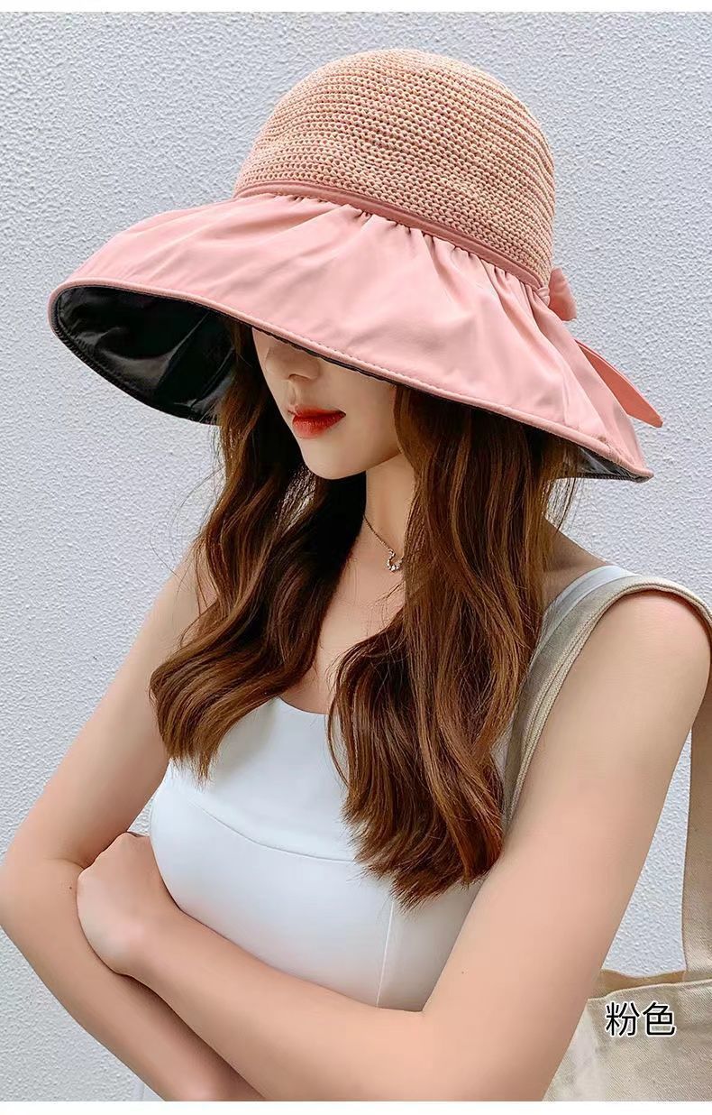 夏季防晒黑胶蝴蝶结遮阳帽女日韩帽子防紫外线大檐遮脸太阳空顶帽详情11