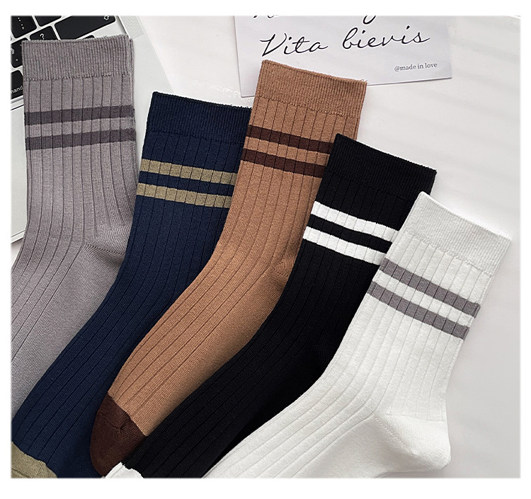 袜子地摊一件代发双针中筒袜秋冬季男袜子 男士条纹百搭诸暨男袜 保暖休闲拼色棉袜一件代发详情2