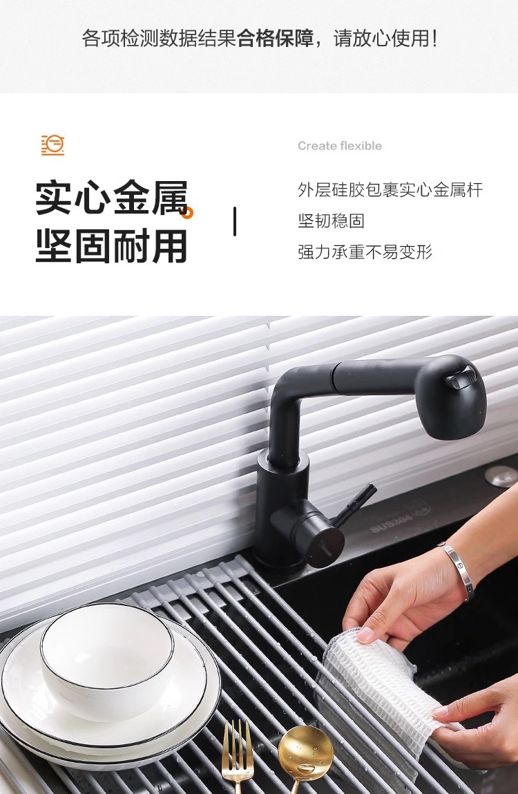 New silicone water-draining rack, sink roller shutter bowl rack, water filter basket, kitchen heat insulation pad, storage rack, foldable water filter pic 9