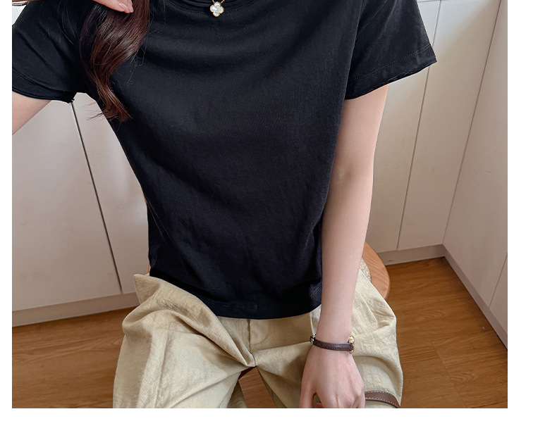A new Korean-style small round neck, high-end design, off-the-shoulder short-sleeved T-shirt for women, versatile, loose snowflake cotton, slimming top pic 24
