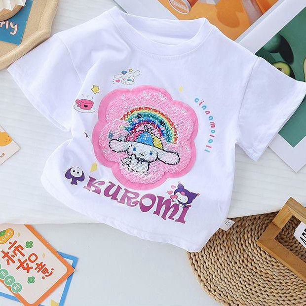 女童t恤短袖牛奶磨毛夏2024新款爆款洋气变色库洛米亮片女孩可爱详情6