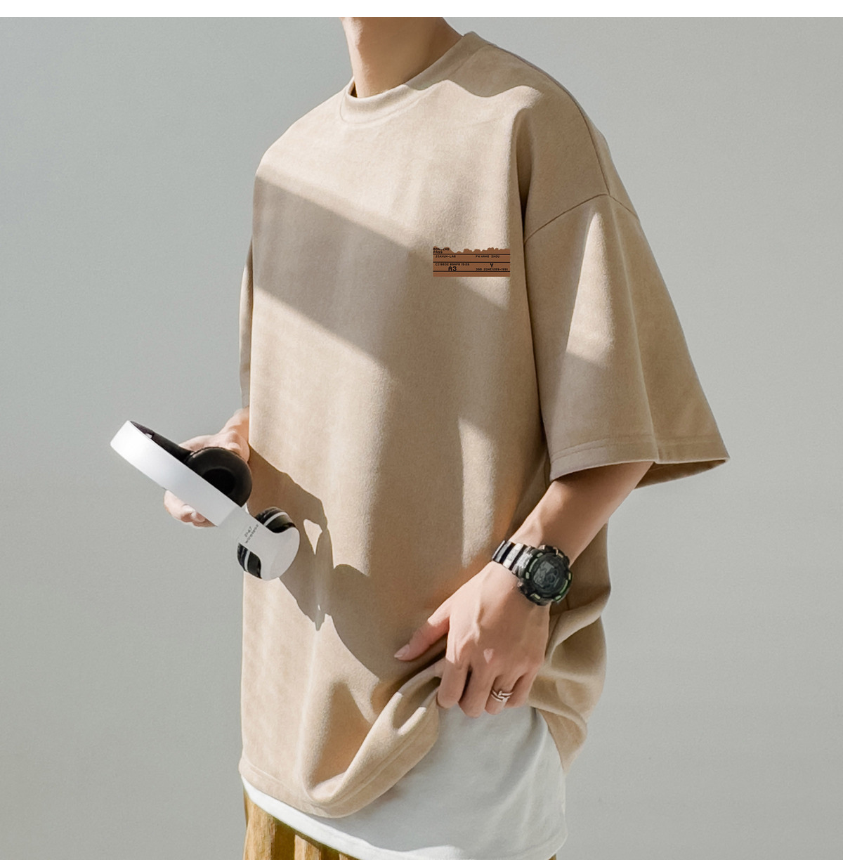 简恒咖色重磅美式复古男士短袖t恤夏季男款百搭仿麂皮绒定制T恤潮详情20