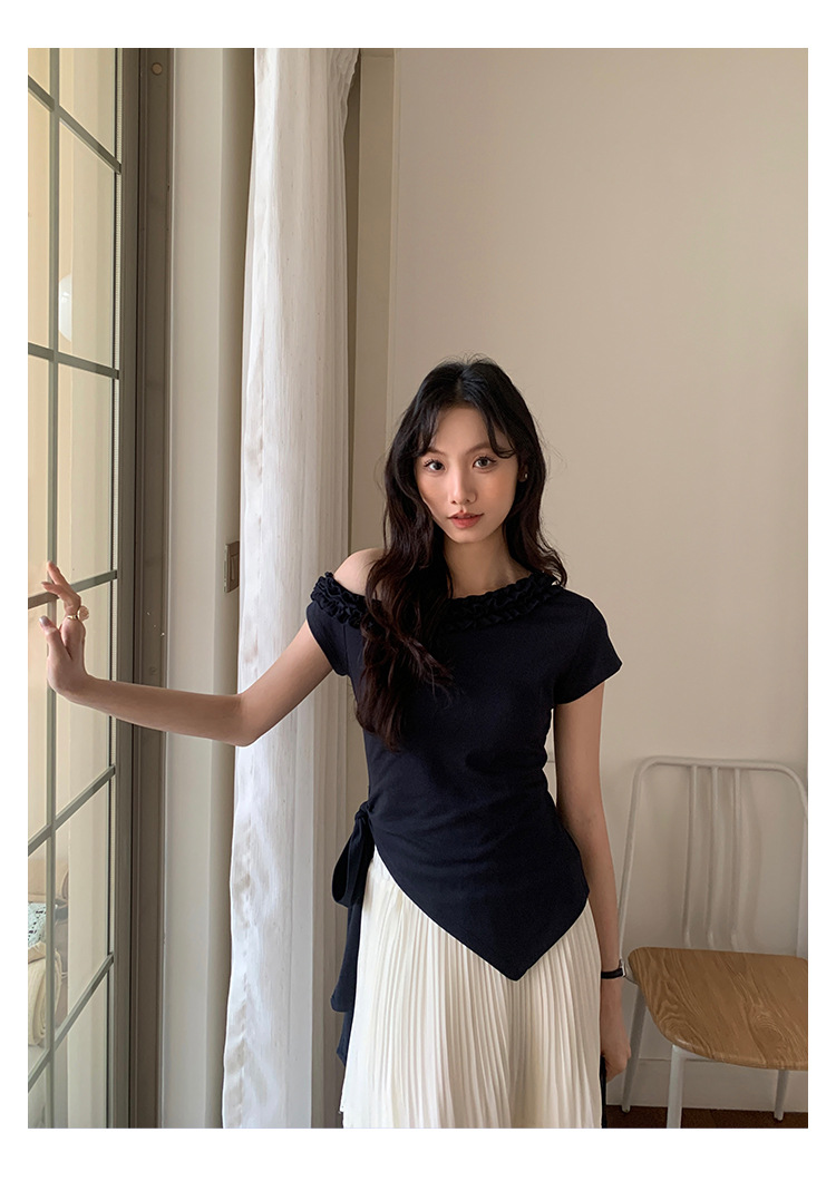 爱西里2025夏季减龄甜美拼木耳花边斜肩下摆不规则短袖T恤女13835详情20