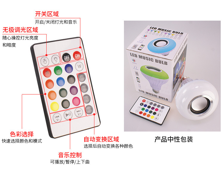 Smart Bluetooth music bulb led seven-color Bluetooth speaker bulb e27 wireless with remote control audio bulb pic 6