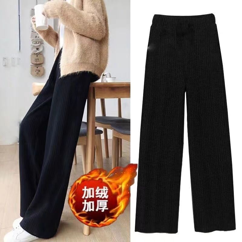 Resistente chenille pantalones de pierna ancha mujer peluche y engrosado otoño invierno nuevo 2021 cintura alta sensación de caída holgada color sólido pantalones rectos pic 9