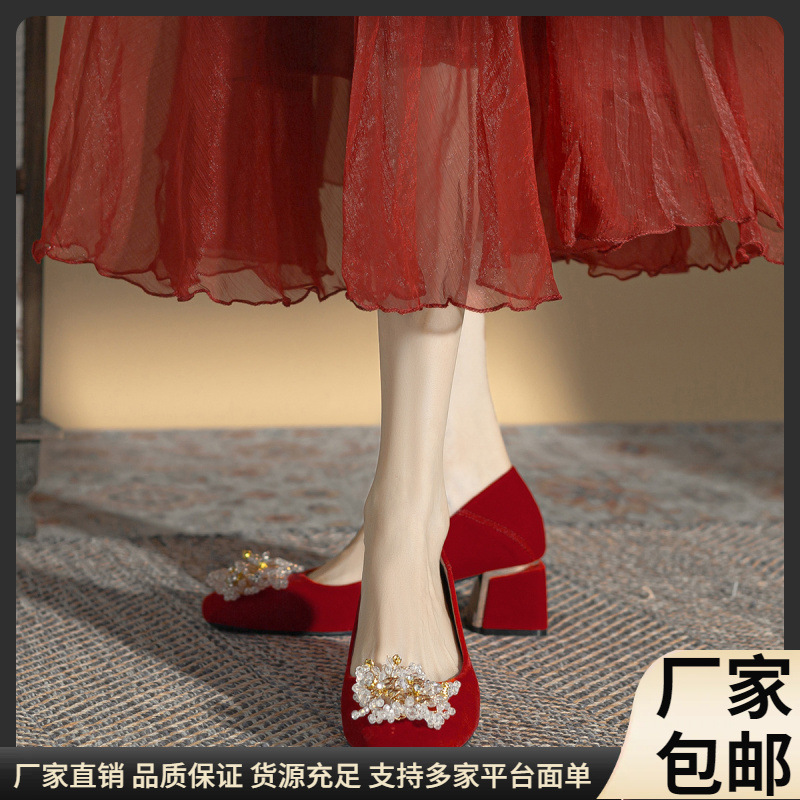 法式玛丽珍方头单鞋女2024春夏新款粗跟中跟女鞋百搭花朵绸缎鞋子详情5