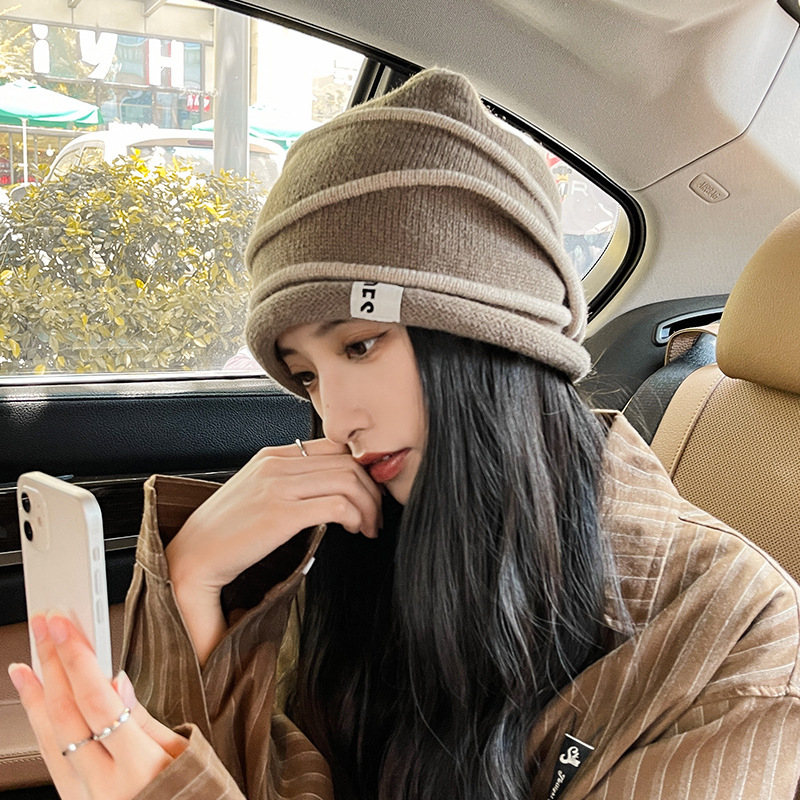 Sombrero lunzi primavera otoño stretch slim cara pequeña bolsa sombrero versión coreana cabeza grande wrap rizado heap heap sombrero invierno caliente sombrero frío mujer pic 4