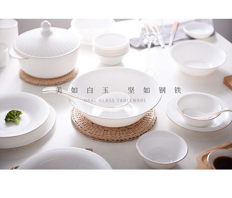 Opal Glassware, a white, gold-rimmed, jade-porcelain, flanged bowl, plate, soup bowl, noodle bowl and salad bowl pic 16