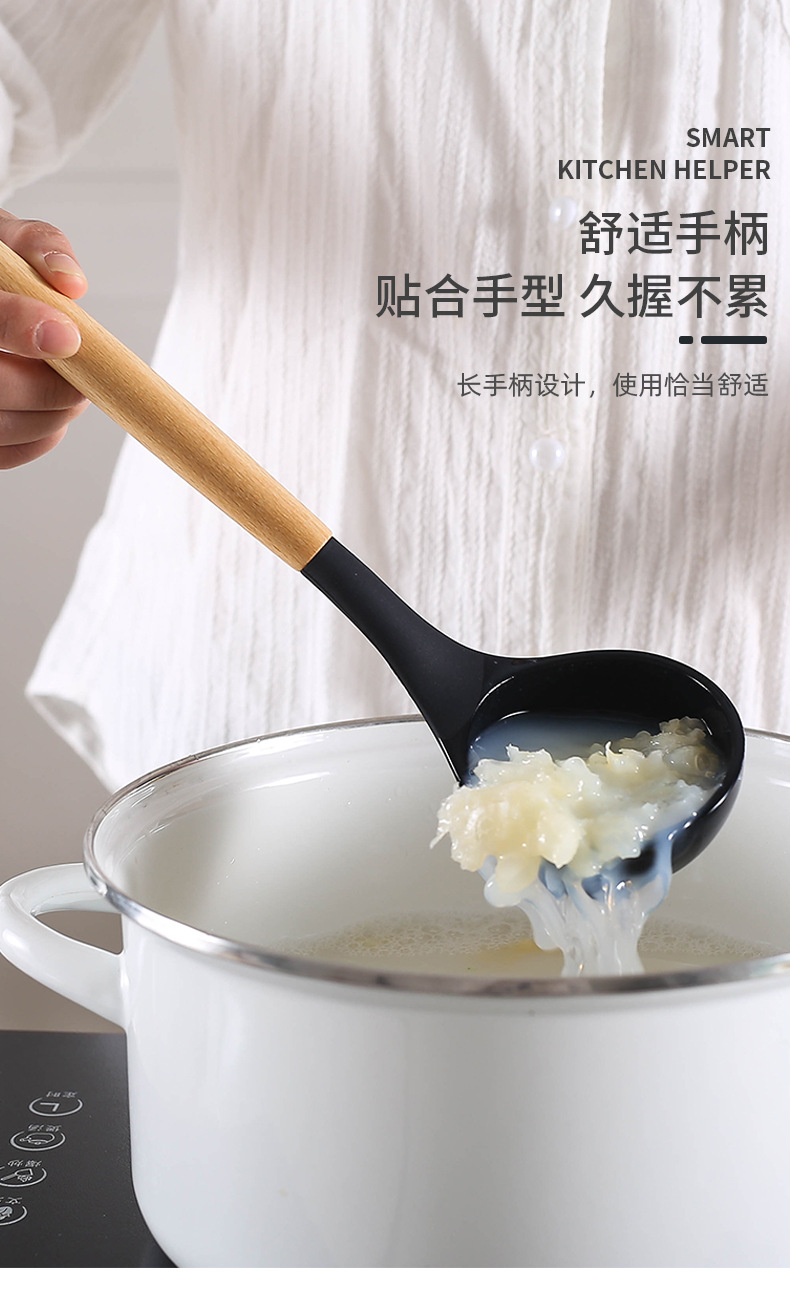 Cross-border best-selling 12-piece set of wooden handle kitchenware, FDA silicone non-stick cookware, cooking spatula and baking set with storage bucket pic 14