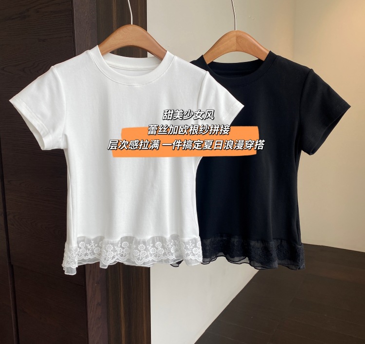 A13512甜美少女感 设计感下摆蕾丝花边拼接显瘦短袖T恤女春夏新详情4