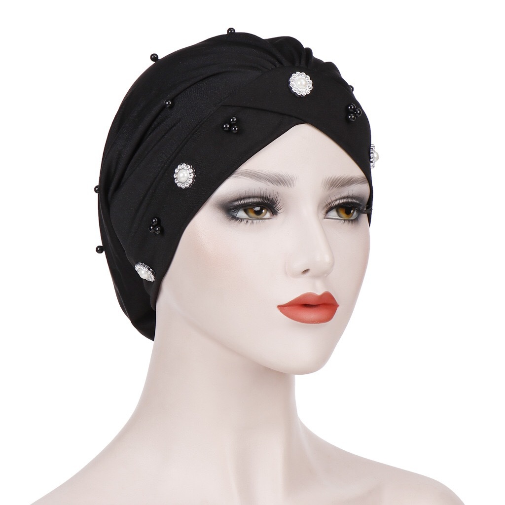 Aliexpress forehead cross-pleated small Daisy beaded headscarf cap, sleeping cap, chemotherapy cap, Muslim headscarf cap pic 1