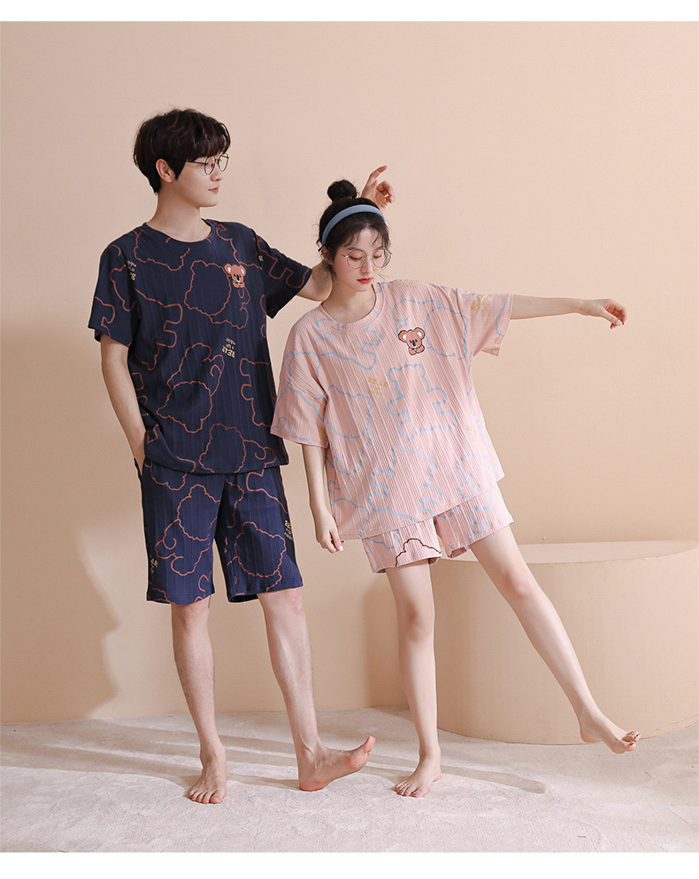 Novedades pareja manga corta pantalones cortos pijamas mujer verano slim algodón peinado hombre traje de hogar suelto casual cartoon pic 90