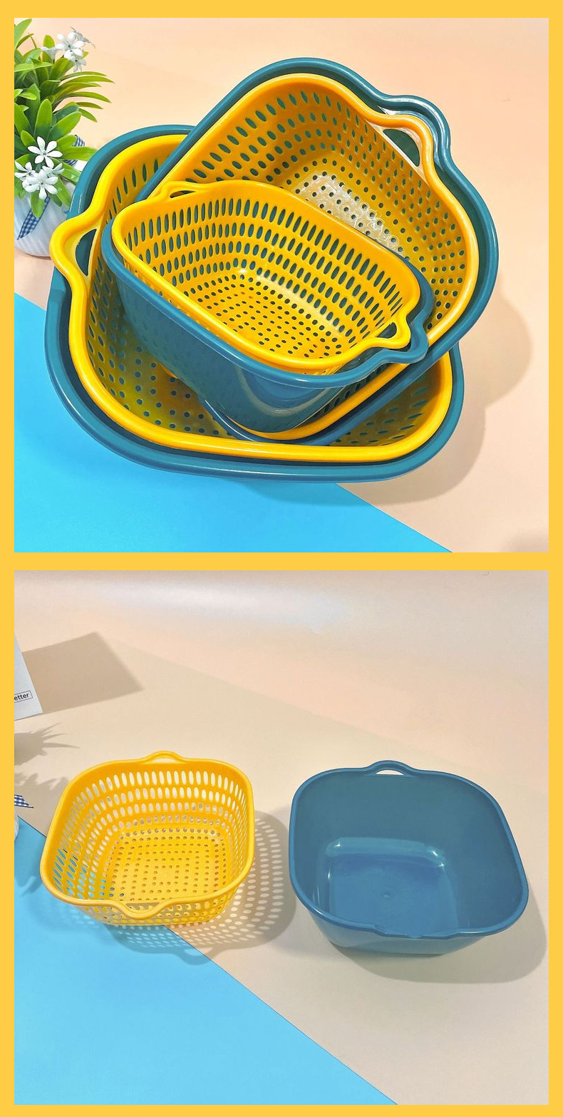 Thickened double-layer draining basket 6-piece set, multi-functional color-matched vegetable washing basket, kitchen plastic fruit draining basin 8-piece set pic 6