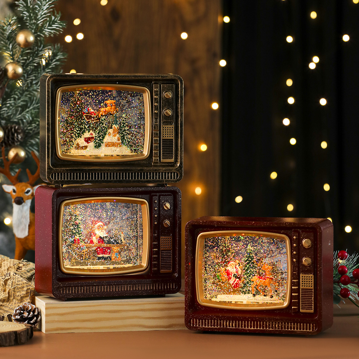 新款圣诞节音乐飘雪注水电视机夜灯礼物摆件圣诞节装饰品八音盒详情7