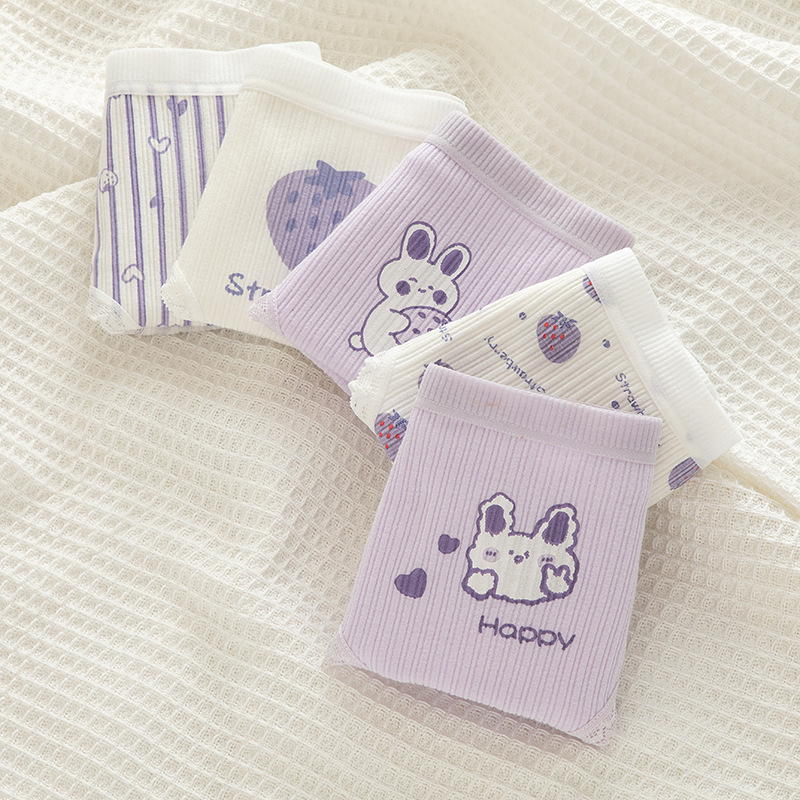 Tingweiya Japanese-style cute purple girl cartoon rabbit threaded cotton strawberry girl student mid-waist underwear for girls pic 37