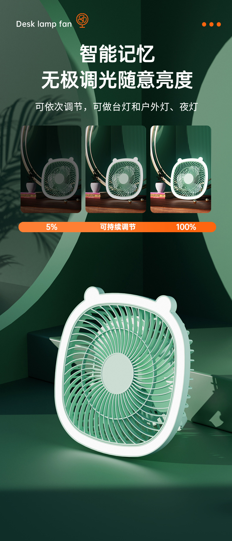 厂家USB充电夜灯小风扇家用宿舍便携式迷你桌面3档小型电风扇代发详情12