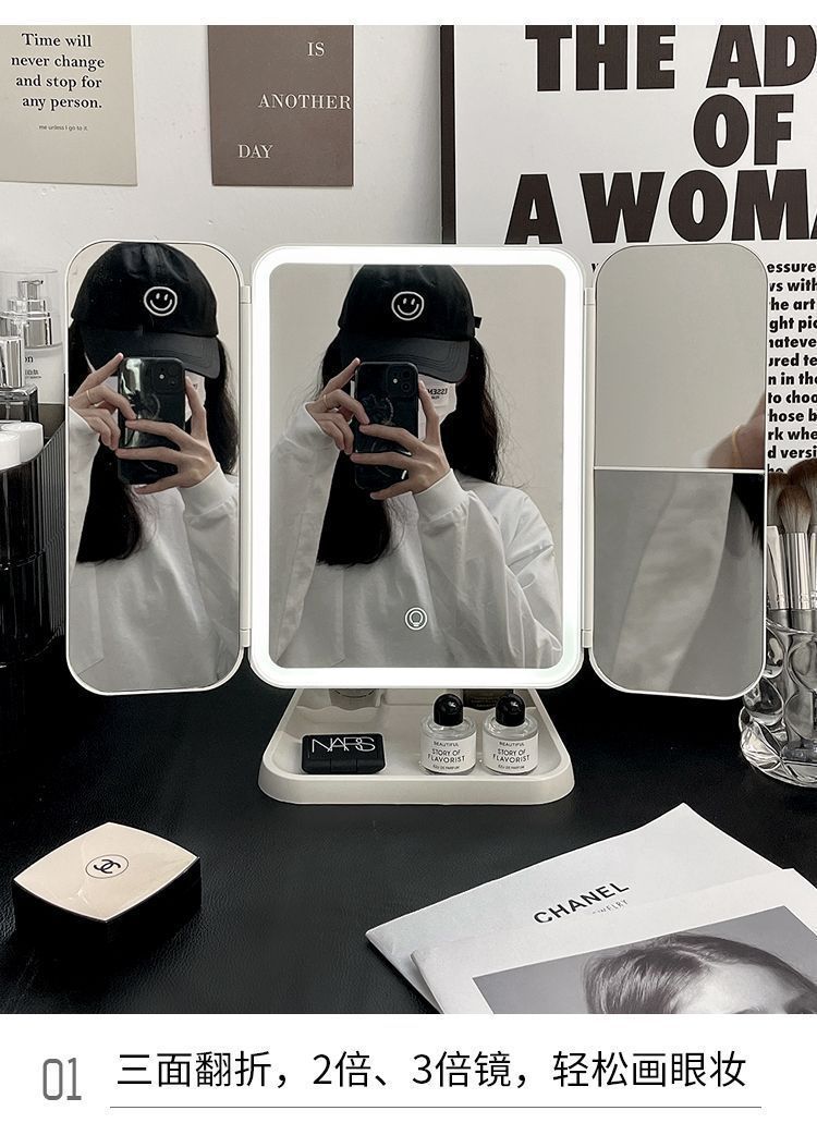 双开门化妆镜充电式可折叠led灯旋转多功能收纳一体三色光台式镜详情5