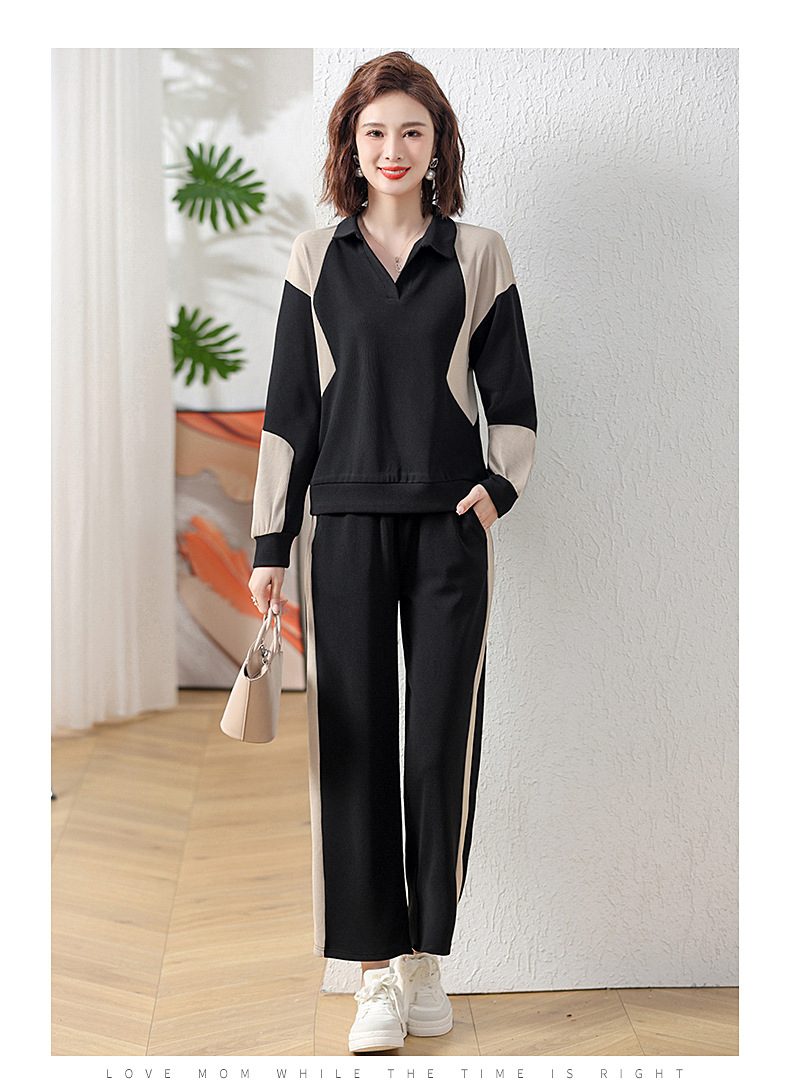 New autumn collection for middle-aged moms, a color-blocking sportswear set for middle-aged women, a loose lapel hoodie, long-sleeved two-piece set pic 29