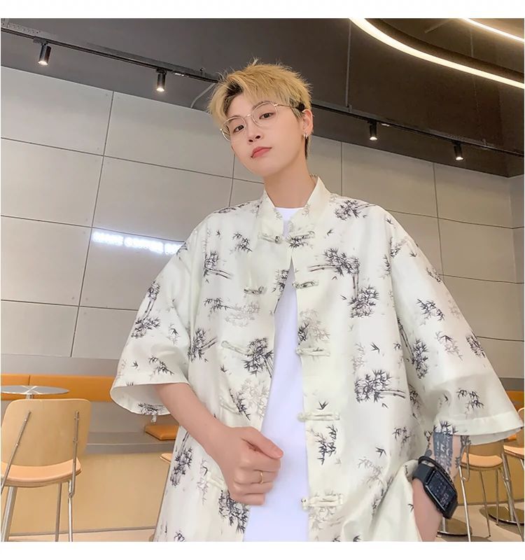 国潮青少年中国风竹子免烫处理短袖衬衫男夏季新中式盘扣潮流宽松半袖详情13