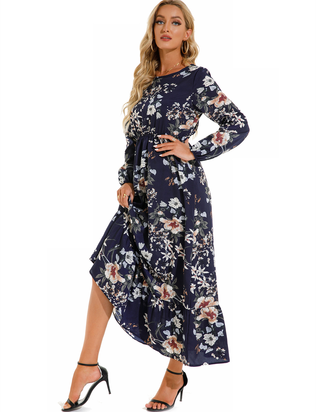 European and American floral long, round-neck, long-sleeved, waist-cinching and slimming dress pic 50